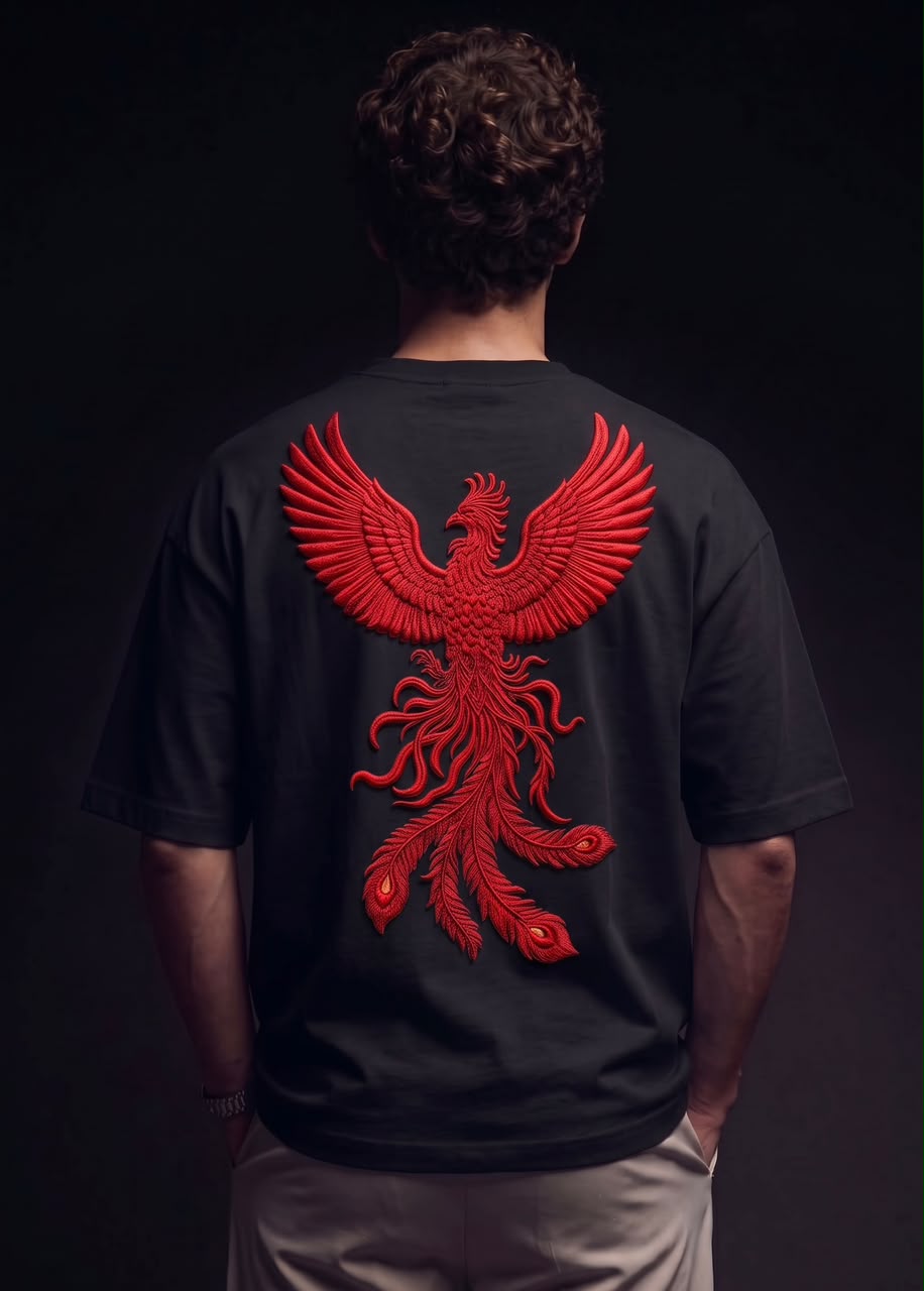 WhatsApp Image 2026-09-30 at 3.20.13 AM lack base + Crimson Red Phoenix + “RISE” typography Dropshoulder - Image 1
