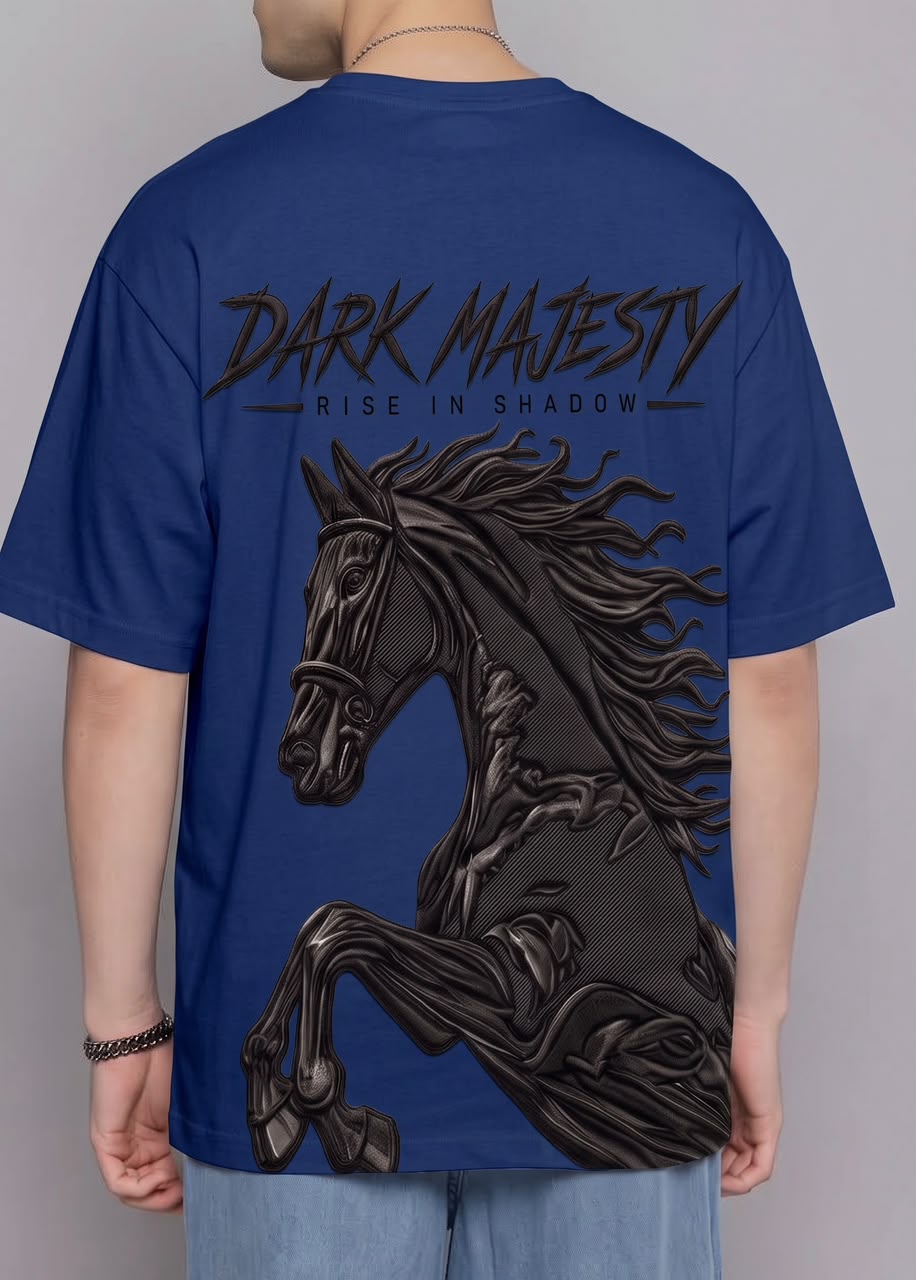 WhatsApp Image 2026-09-30 at 3.21.15 AM Royal Blue base + Black horse graphic + “Dark Majesty / Rise in Shadow Dropshoulder - Image 1