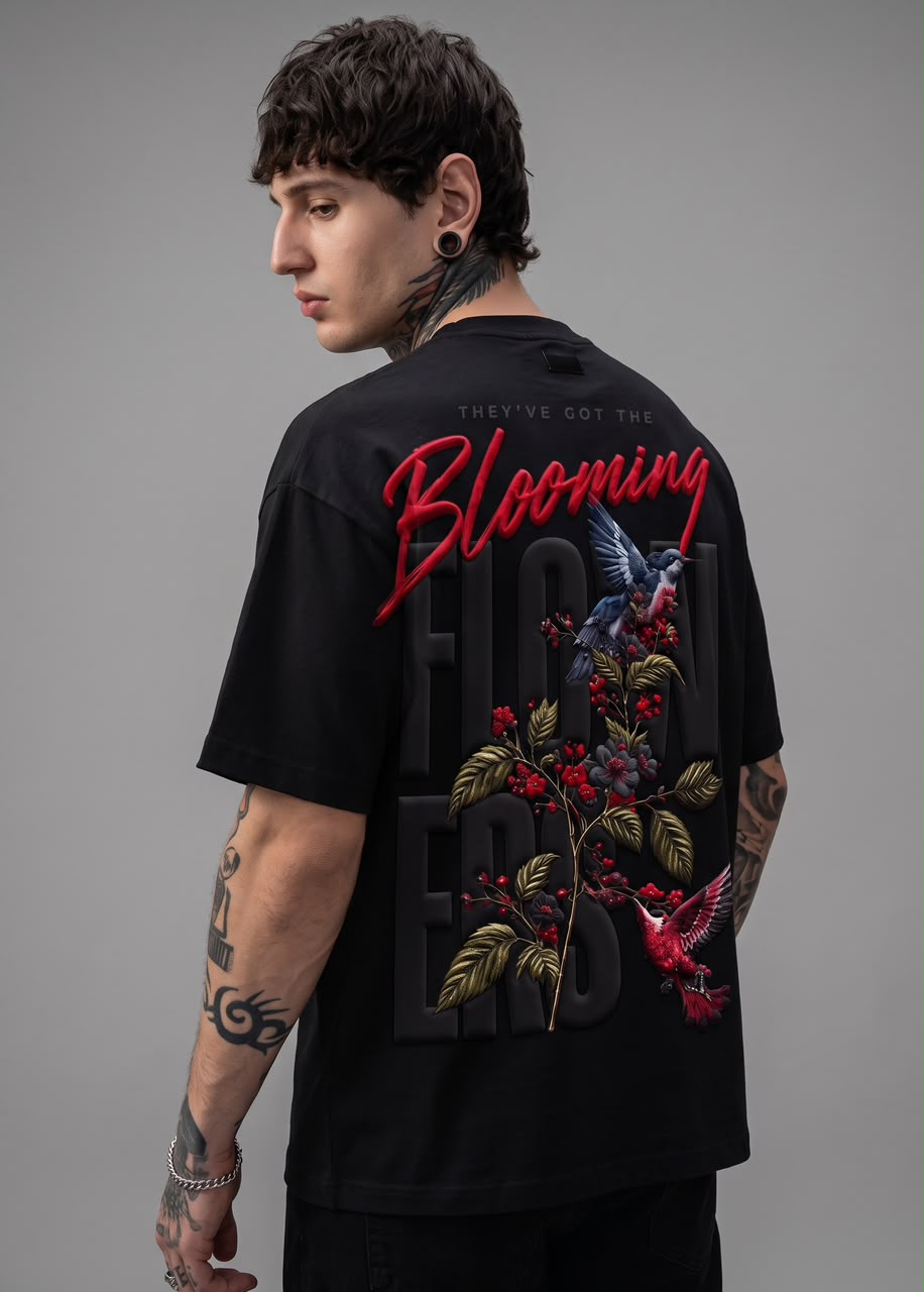 WhatsApp Image 2026-09-30 at 3.23.20 AM (2) Black + Red/Black “BLOOMING” typography Dropshoulder - Image 1