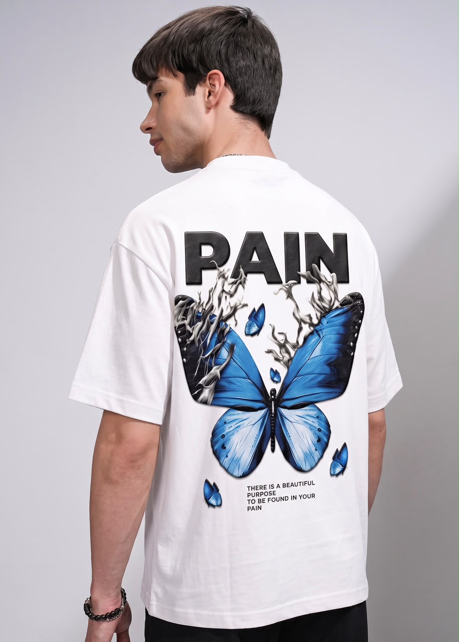 WhatsApp Image 2026-09-30 at 3.24.17 AM White base + Black/Blue butterfly + “PURPOSE / PAIN” Concept Dropshoulder - Image 1